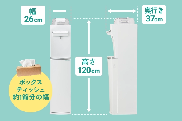 高さ120cm、奥行き37cm、幅26cm。幅はボックスティッシュ約1箱分
